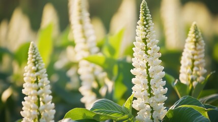 Naklejka premium Phytolacca acinosa blossoms in a flowerbed featuring close-up selective focus and soft depth of field highlighting delicate white flowers