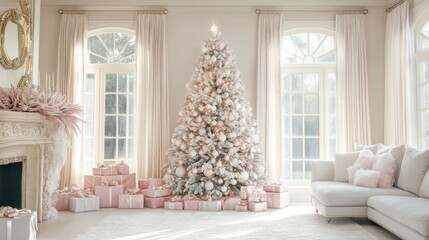 Elegant white Christmas tree adorned with soft pink and silver decorations in a cozy, bright living room setting.
