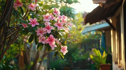 Pink frangipani flowers adorn a sunlit terrace creating a serene and inviting garden atmosphere with lush greenery.