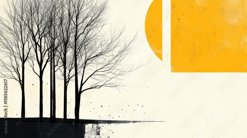 Aufkleber minimalist abstract art with bare trees and geometric shapes in a striking color palette of black an