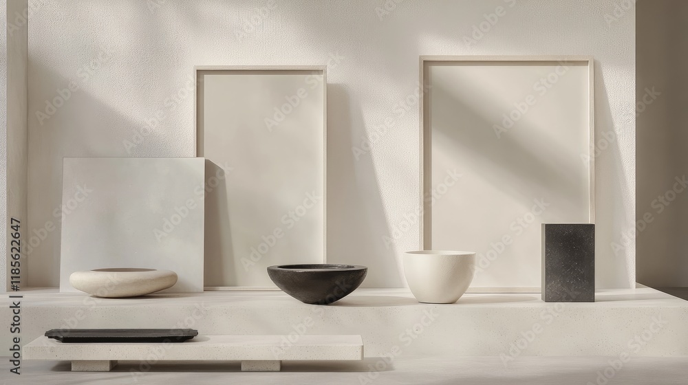 Poster minimalist display featuring empty frames and contemporary pottery in soft natural lighting