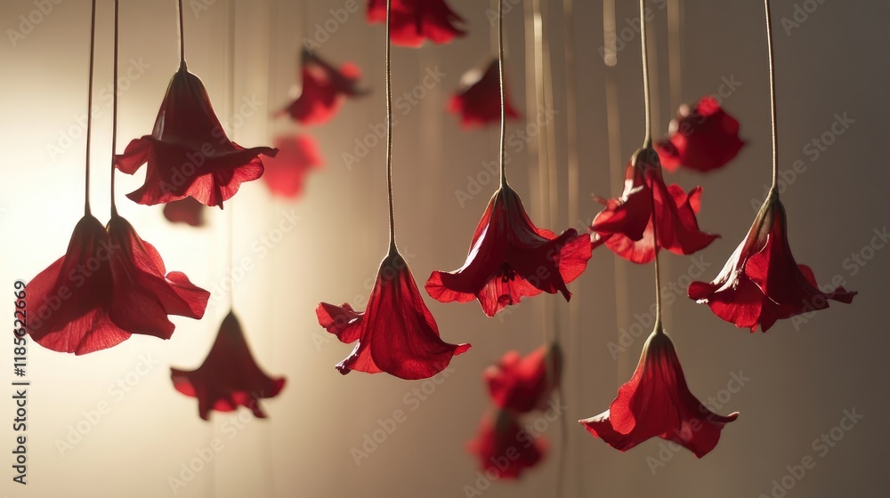 Poster delicate red flowers elegantly suspended on fine strings creating a serene and artistic ambiance aga