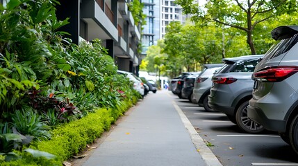 Eco Friendly Urban Parking Lot with Lush Vertical Landscaping and Pedestrian Pathway  Modern city architecture with green plants trees and foliage integrated into the parking area design