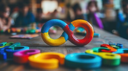 Colorful infinity symbols and puzzle pieces represent unity and awareness as children engage in activities for World Autism Day