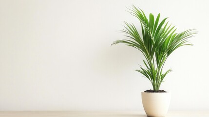 Obraz premium Modern home office setup featuring a vibrant green plant against a clean white background emphasizing minimalism and productivity.