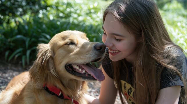 A young girl shares a heartwarming moment with her golden retriever