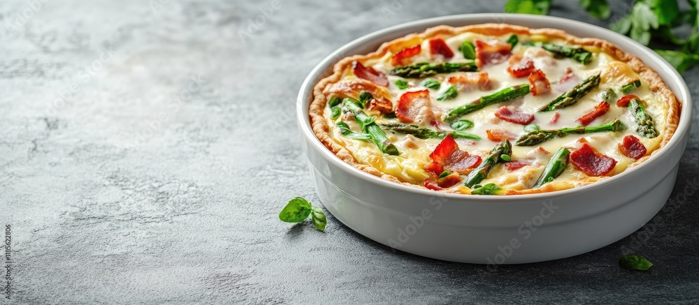 Poster delicious quiche with green asparagus and bacon in white dish on gray stone table with empty space f