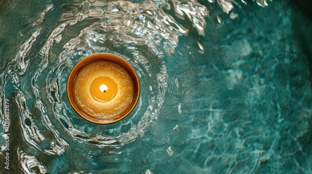Aufkleber serene top view of a luxurious golden candle floating in tranquil water within an elegant spa settin
