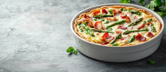 Delicious quiche with green asparagus and bacon in white dish on gray stone table with empty space for culinary text or recipe ideas