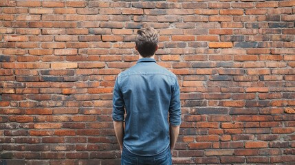 Man in casual denim shirt standing against a vintage brick wall contemplating future decisions and reflecting on life choices.