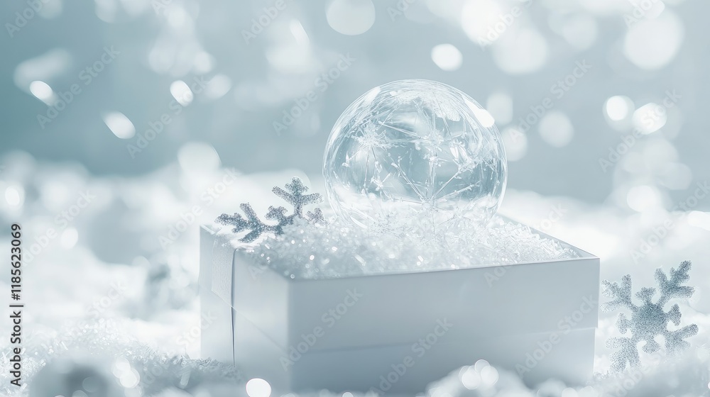 Aufkleber open gift box with transparent ball and snowflakes creating a festive atmosphere on a white backgrou