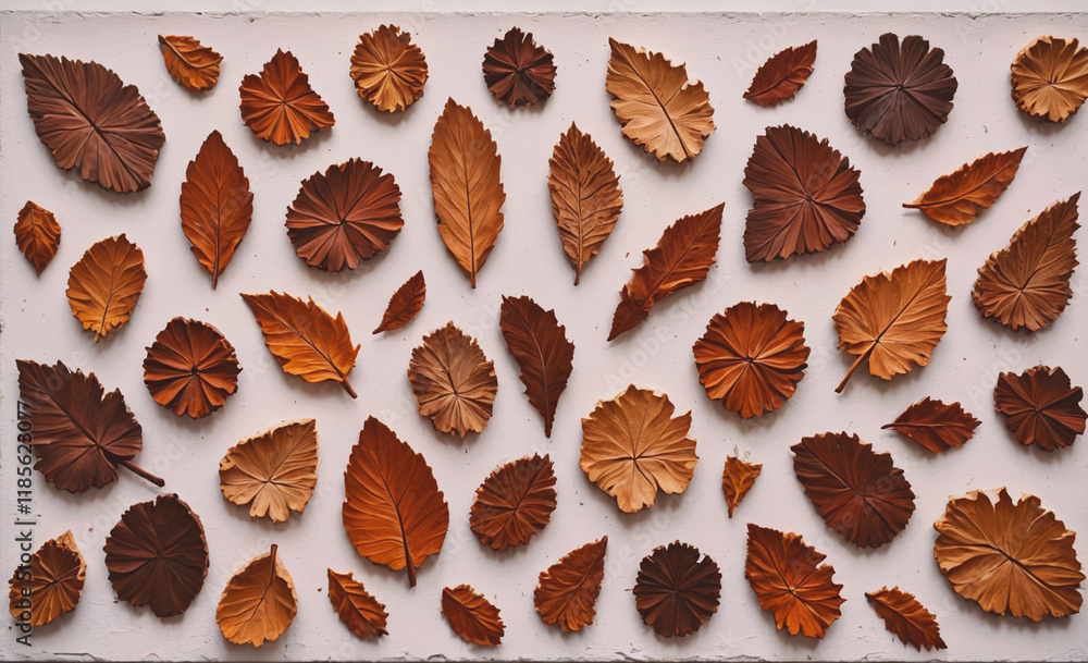 Poster white background with a lot of leaves on it. some of the leaves are brown. there are many leaves on 