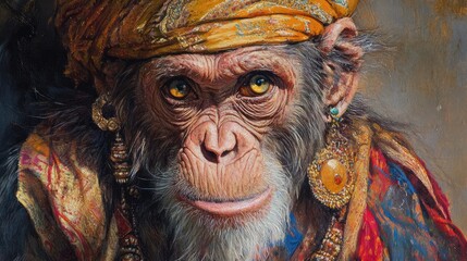 Majestic monkey adorned with traditional jewelry and a vibrant turban showcasing the rich cultural heritage and wildlife of India.