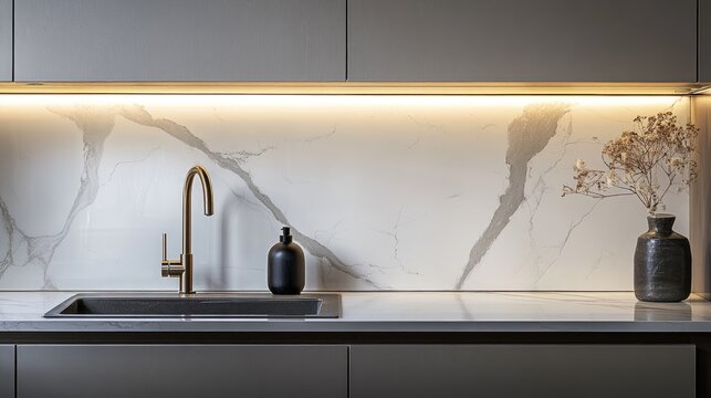 Sleek modern kitchen design featuring elegant sink and faucet complemented by marble backsplash and ambient lighting