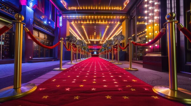 A glamorous red carpet entrance with golden stanchions and bright lights, inviting guests to an event.