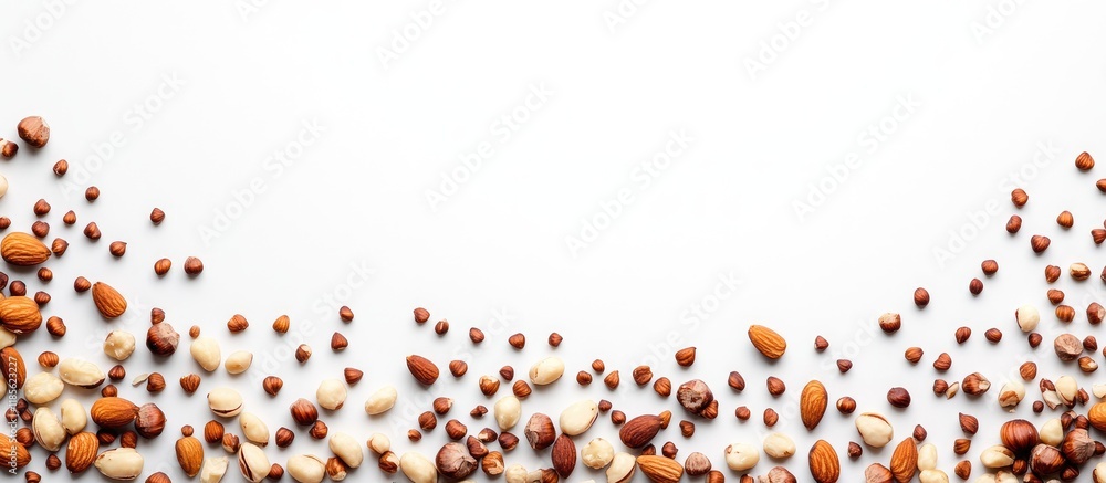 Poster mixed nuts assortment on white background featuring pine nuts walnuts hazelnuts almonds with ample s