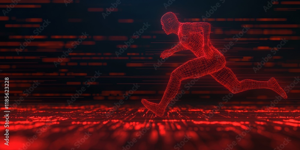 Poster dynamic neon figure running in a futuristic digital environment