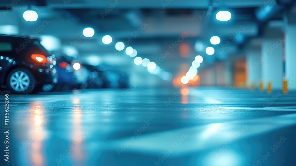 Poster indoor parking lot with blurred background featuring bokeh lights on wet floor creating a soothing a