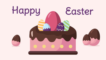 Easter-themed card featuring a chocolate cake topped with colorful eggs, surrounded by chocolate eggs on pastel background. Celebration concept