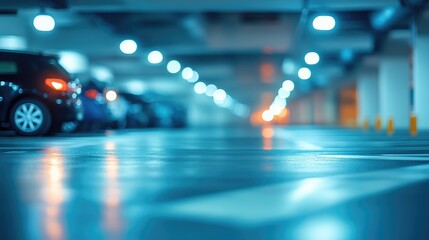Indoor parking lot with blurred background featuring bokeh lights on wet floor creating a soothing ambiance for modern architecture theme