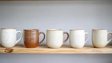 Assorted white and brown ceramic mugs displayed on a wooden shelf against a minimalist gray background.