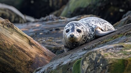 Harbor seal resting on weathered logs in a serene coastal setting showcasing natural wildlife and habitat conservation.