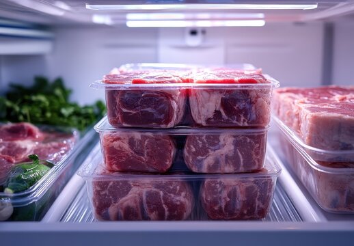 Fresh Raw Meat Sealed in Plastic Containers Stacked Inside a Modern Refrigerator with Vegetables in the Background