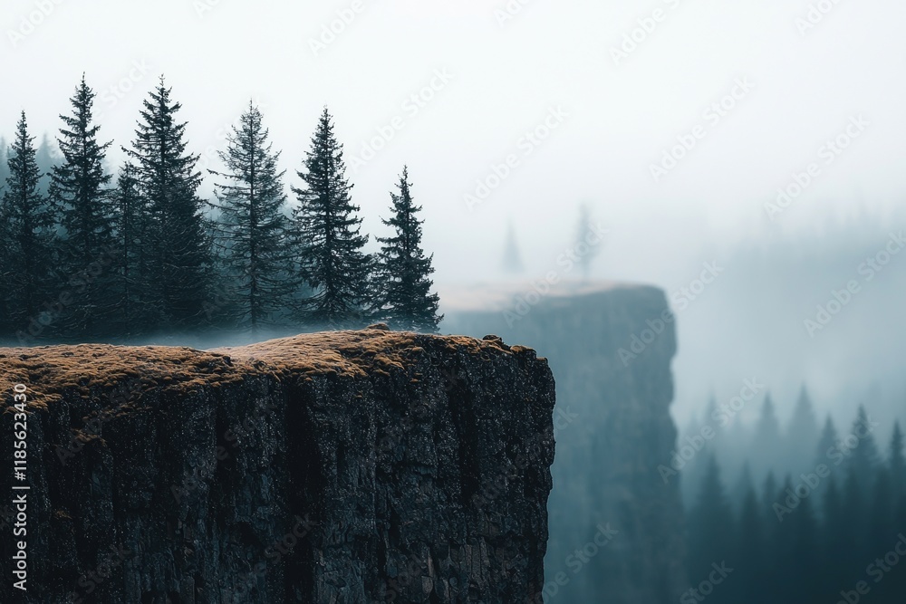 Poster simple mountain range concept. misty cliff with evergreen trees in a serene landscape.