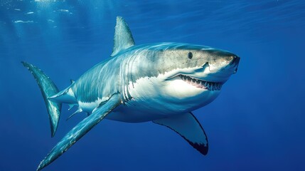 Fototapeta premium Great white shark gliding gracefully through crystal clear blue waters of the ocean showcasing its power and beauty in a natural habitat.