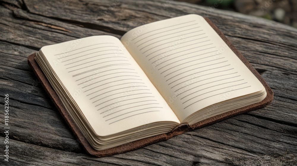 Poster open blank notebook on rustic wooden surface ideal for writing notes or creative ideas in a natural 
