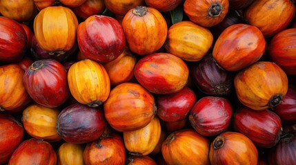 Obraz premium Vibrant cluster of ripe palm fruits showcasing a blend of orange and red hues ideal for tropical food photography and botanical studies.