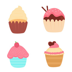 A beautiful set of four cupcakes with various toppings and colorful designs, topped with sweet cream, and charming decorations, perfect for dessert lovers.