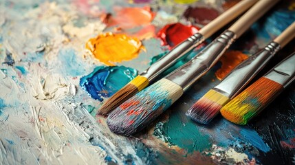 Fototapeta premium Colorful paint palette with brushes on textured background showcasing vibrant hues for artistic inspiration and creativity in painting.