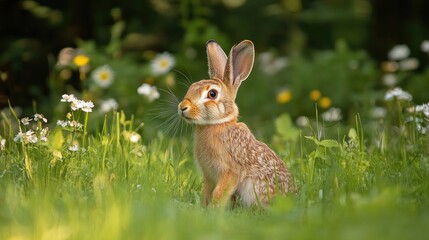 Obraz premium Springtime hare nestled in a vibrant field surrounded by wildflowers showcasing nature's beauty and tranquility