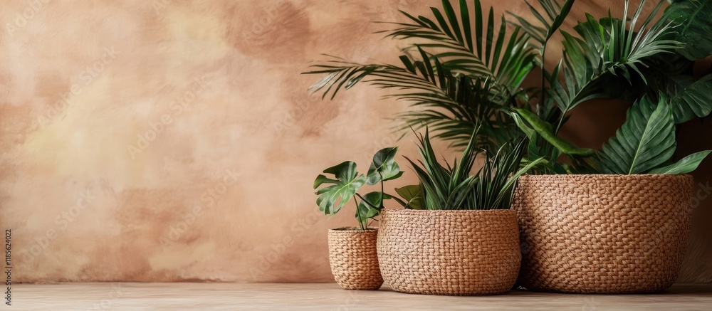 Aufkleber braided baskets with lush green plants on textured backdrop showcasing empty space for text and desi