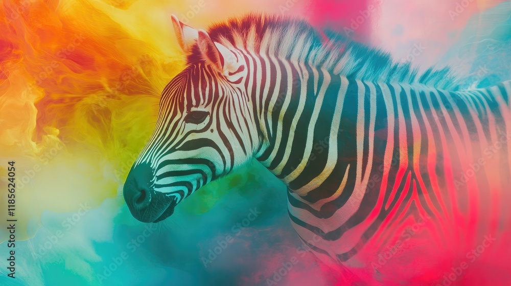 Poster colorful surreal zebra against abstract background with eerie and dynamic features in a hallucinator