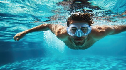 Naklejka premium Man Swimming Underwater in Clear Pool Water with Splashing Effects and Snorkel Gear