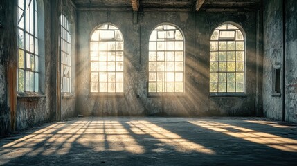 Abandoned industrial interior with arched windows casting dramatic light and shadows in a vintage atmosphere.