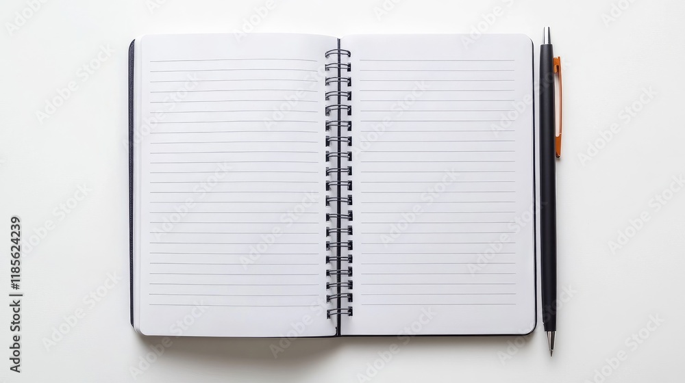Poster blank notebook on a clean white background showcasing opened pages with lines and a pen ready for wr