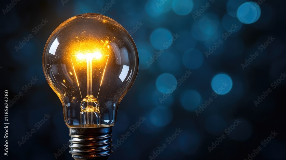 Poster illuminated light bulb with glowing filament against a blurred blue bokeh background representing cr