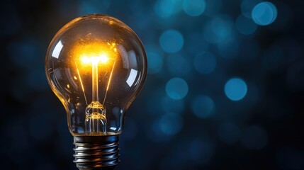 Illuminated light bulb with glowing filament against a blurred blue bokeh background representing creativity and inspiration
