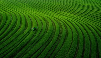 Fototapeta premium Vibrant Green Rice Field with Curved Patterns and Tractor Aerial View