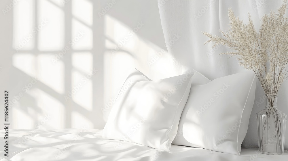 Poster elegant white pillows on a soft bedding with gentle shadows and a decorative vase creating a serene 