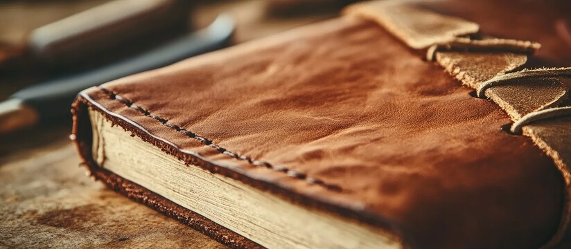 Handcrafted leather book cover in progress with detailed stitching and warm tones on a rustic wooden surface