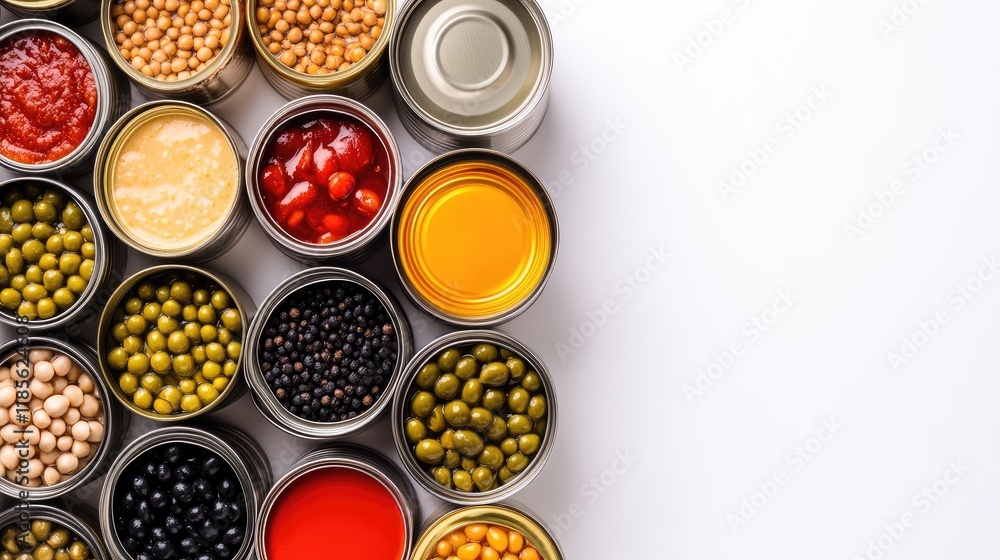 Poster assorted open food cans displaying a variety of colors and textures on a clean white background for 