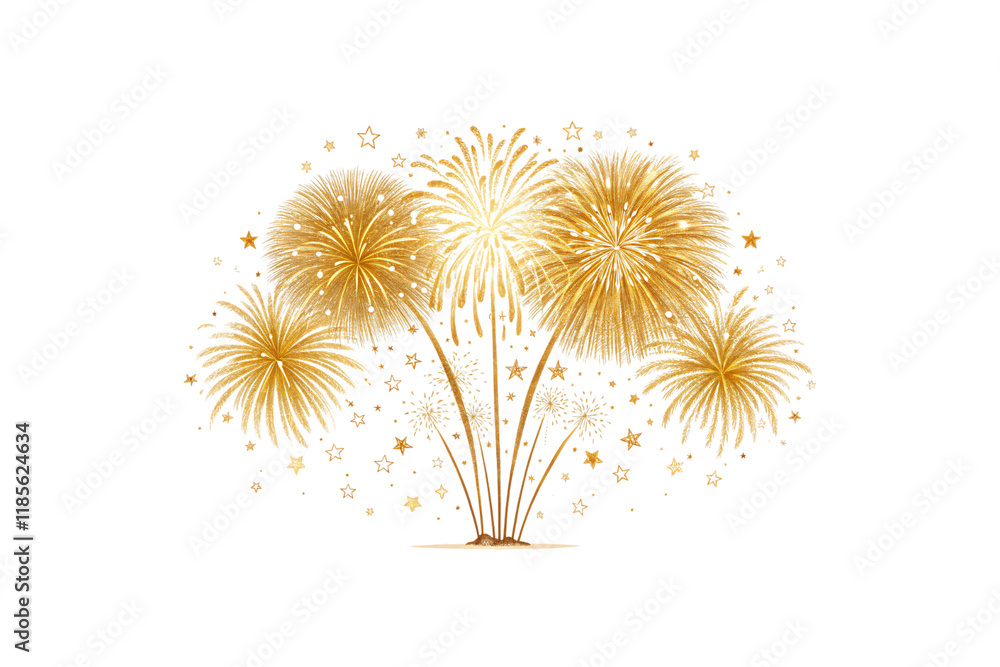 Poster a cluster of fireworks in golden tones explodes dramatically, filling the night with luminous sparkl