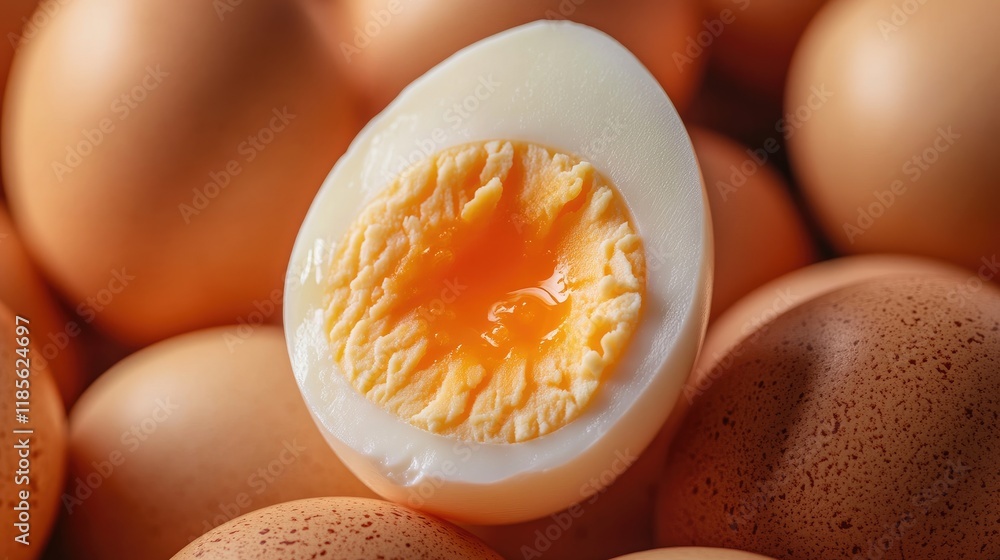 Poster close up of a sliced hard boiled egg surrounded by raw brown eggs in a rustic setting showcasing nat