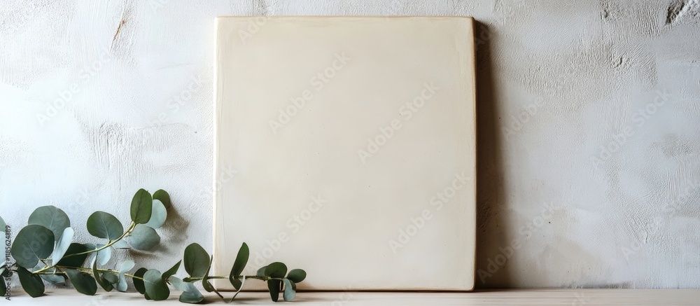 Poster natural ceramic frame on light wooden background with eucalyptus leaves and blank space for text or 