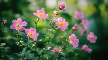 Obraz premium Delicate pink peonies blooming in a lush green garden showcasing vibrant floral beauty and natural tranquility.