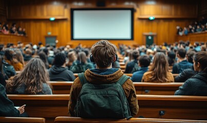 Naklejka premium A crowded lecture hall filled with students attentively watching a presentation on a large screen.